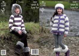 King Cole Pattern 4058 Jacket, Sweater with Hood, Hat & Boot Toppers