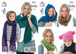 King Cole Pattern 4092 Chunky Snoods, Scarves, Shawl & Hat