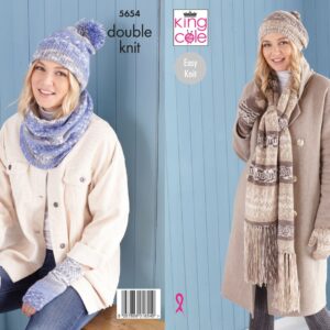 King Cole Pattern 5654 Fjord DK Scarf, Wristwarmers, Hats, Mitts & Snood Easy Knit