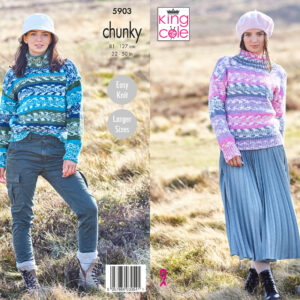 King Cole Pattern 5903 Ladies Roll & Round Neck Sweaters Knitted in Nordic Chunky