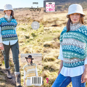 King Cole Pattern 5905 Ladies Round, V & Turtle Neck Tanks Knitted in Nordic Chunky