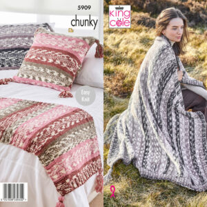 King Cole Pattern 5909 Blanket, Bed Runner & Cushion Cover Knitted in Nordic Chunky