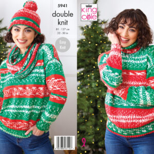 King Cole Pattern 5941 Sweaters, Cowl and Hat Knitted in Fjord DK